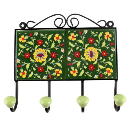 Forest Green Ceramic Floral Tile Wall Hook